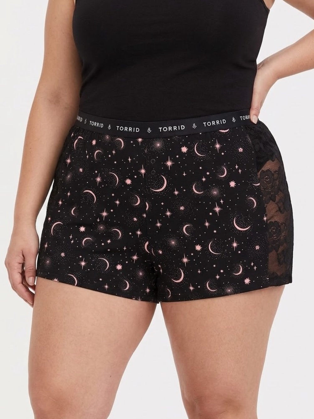 Torrid Sleep Moon & Stars Print Lace Panel Pajama Shorts Size 4X Black & Pink